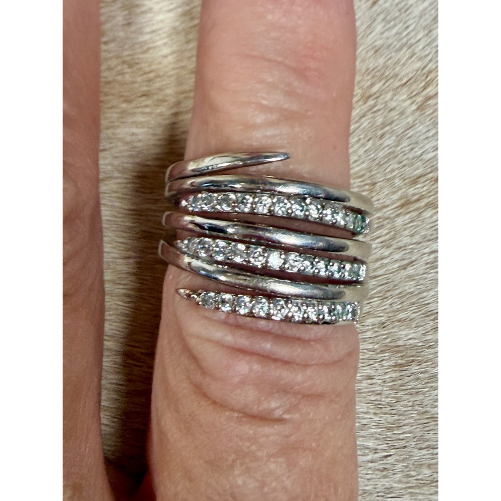 Silver Tone Multi Band Wrap Ring Pave Cubic Zirconia Statement Stacked Style - Picture 3 of 6